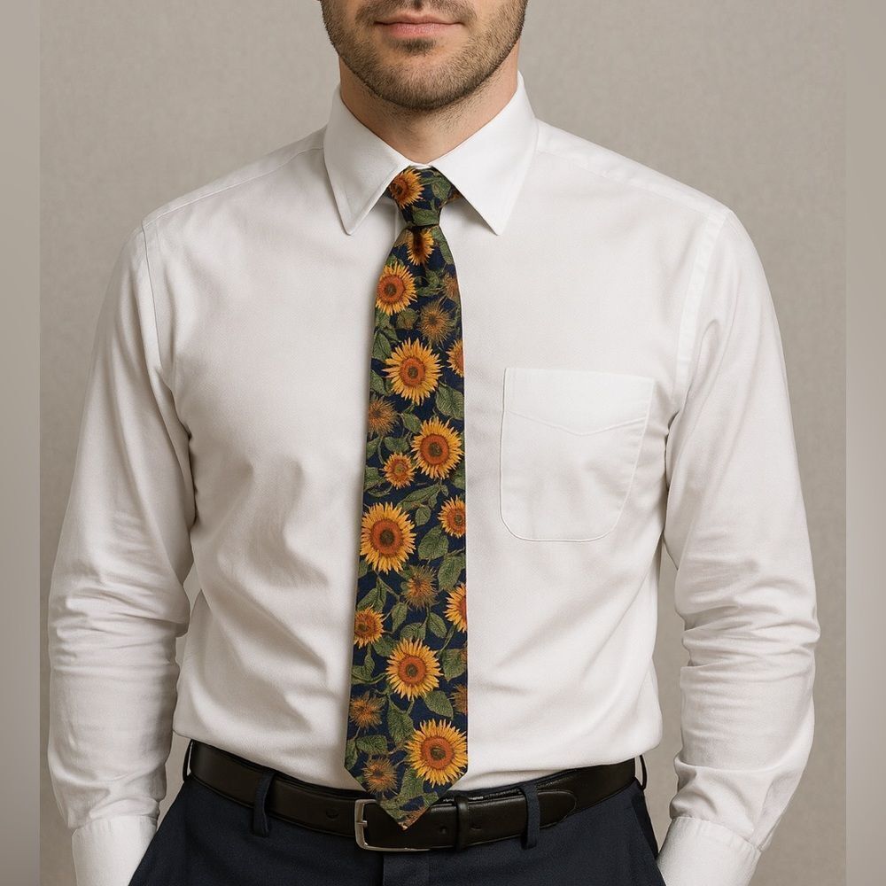 417 by Van Heusen Sunflower Tie Navy 100% Cotton Made In USA Floral Print